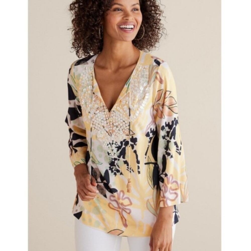 Soft Surroundings Vigne Beaded Tassel Tunic Yellow Abstract Size Xs